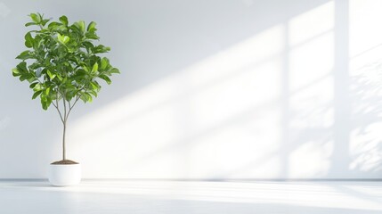 Obraz premium Minimalist, bright room with plant. Sunlight casts shadows on white walls