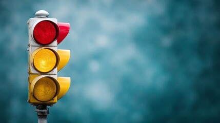 Close-up view of a minimalist traffic light featuring bright red and yellow lights. The soft blue-green background adds an abstract urban feel, suggesting caution