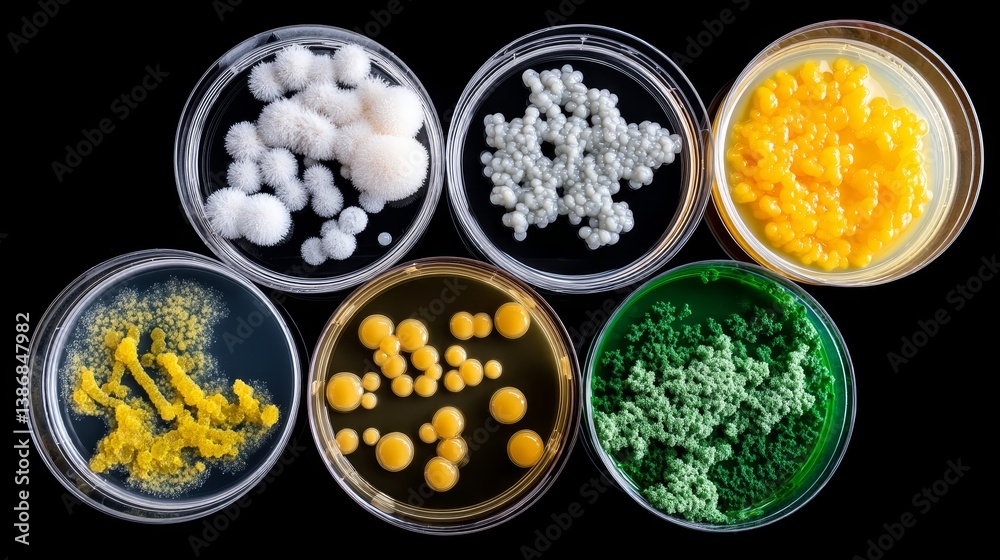Poster colorful petri dishes display various types of bacteria and fungi in a close-up top-down view, highl