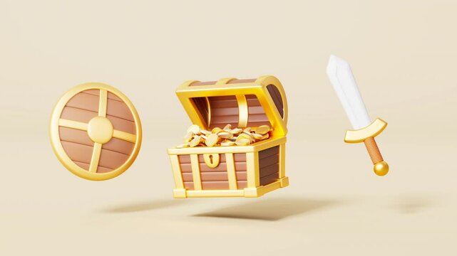 3d rendering cartoon chest and treasure with sword and shield animation