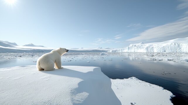 Polar bear on an icy landscape, overlooking a serene arctic scene under a clear blue sky.