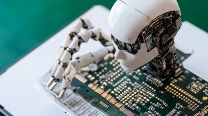 Robotic head rests on a circuit board, intricate wiring visible. Hand on board, sheets beneath