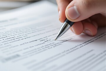 Close-up of a hand holding a pen signing a printed legal document, shallow focus style, on a light background. Concept of agreement or legal paperwork. Ai generative