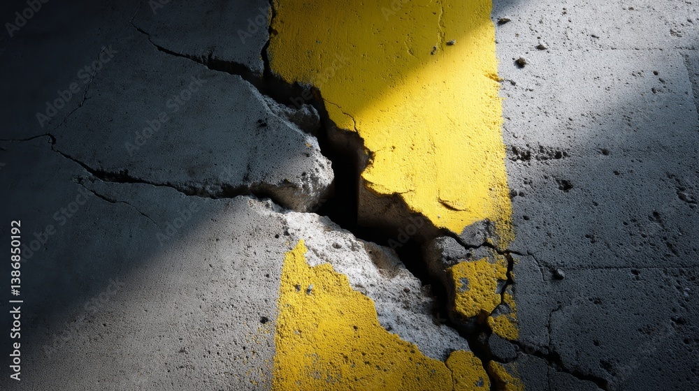 Poster the weathered concrete wall showcases deep cracks and patches of yellow paint, illuminated by soft n