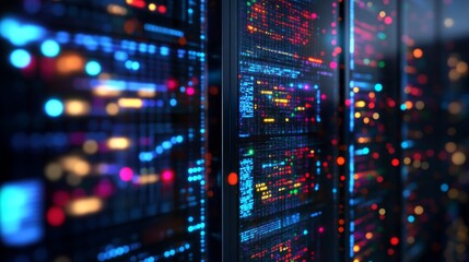 Server racks glow with colorful lights, displaying intricate patterns, deep in the data center