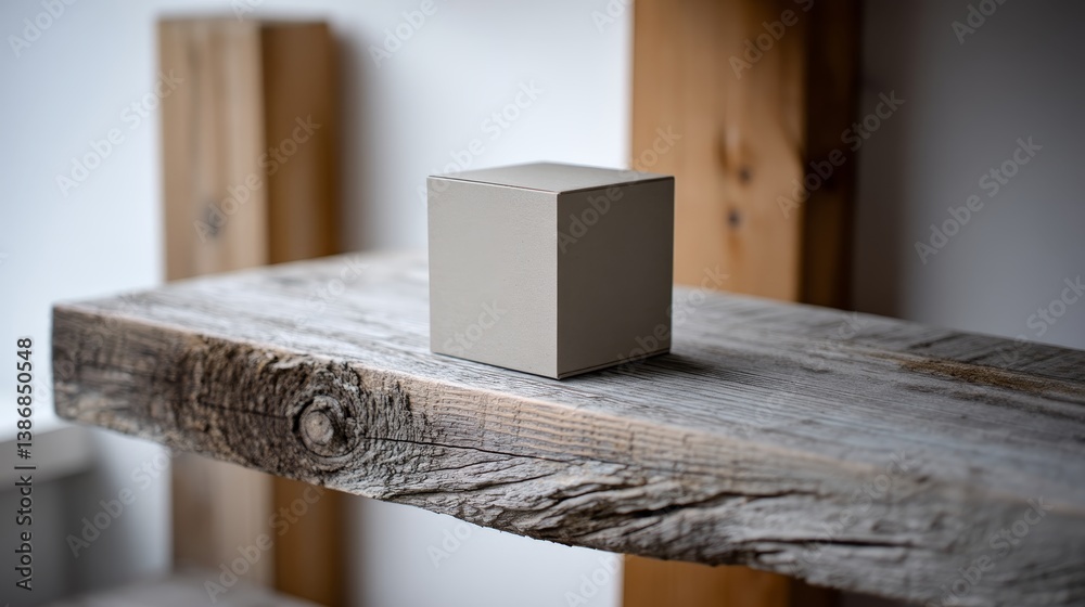 Aufkleber a blank cardboard box is positioned on a rustic wooden shelf, featuring a clean design that highligh
