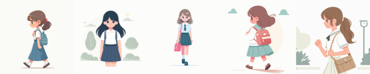 vector set of girls going to school