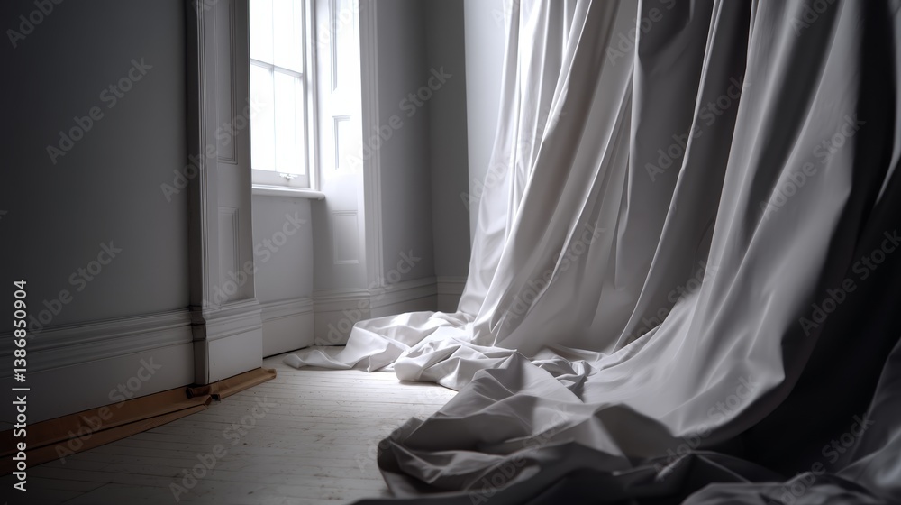 Poster sheer white curtains billow softly in the breeze while warm, evening light filters through, creating