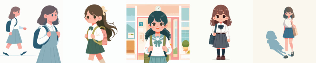 vector set of girls going to school