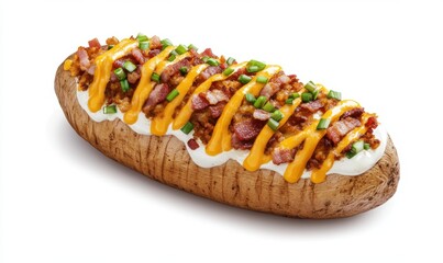 Loaded baked potato with bacon, cheese, and chives; food photography for recipe or menu