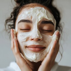 Woman enjoying facial mask application, serene self-care moment