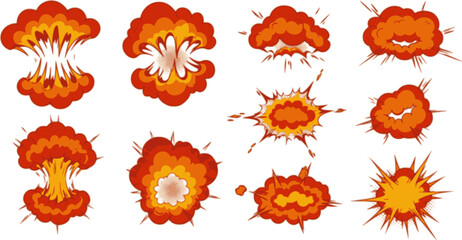 Doodle explosion effect. Comic impact and speed line energy blast and power pop game asset, manga fire smoke and crash pop action. Vector hand drawn bang and boom graphic set