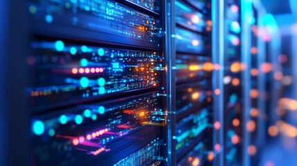 Server Room Rows of illuminated servers with colorful, glowing lights in a data center