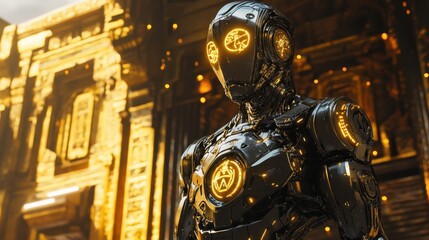 Fototapeta premium Futuristic robot stands guard at ancient ruins in a desert landscape during golden hour