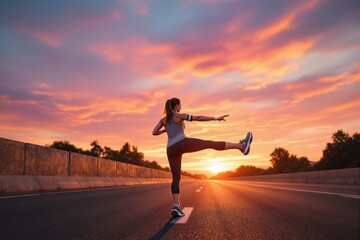 Woman stretching on open highway at sunrise, dramatic colorful sky in background, wearing athletic wear, concept of morning fitness and motivation, Ai generative