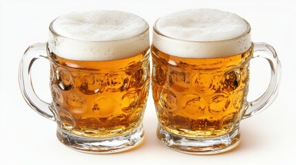 Two beer mugs, foam, studio, white