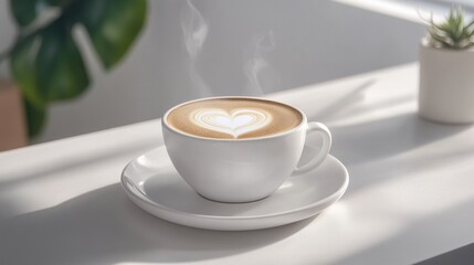 A cup of steaming hot cappuccino with foam art. Featuring warmth and indulgence