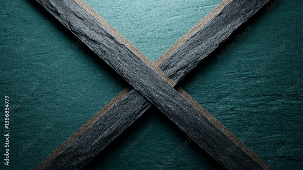 Poster dark gray slate tiles display a bold geometric pattern atop a vibrant teal background, providing str