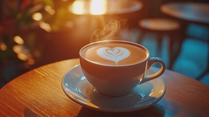 A cup of steaming hot cappuccino with foam art. Featuring warmth and indulgence