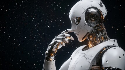 White humanoid robot contemplating against a starfield, hand touching its face
