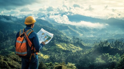Engineering surveyor examining plans in an enchanting forested landscape