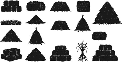 set of Black hay icon. Farm straw bales, dried grass piles and haystack silhouette symbols, rural agriculture hay harvest elements. Vector isolated set
