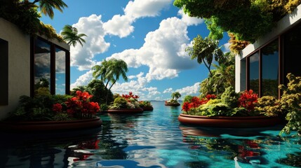 Utopia landscape with floating gardens, crystal-clear water and bright skies