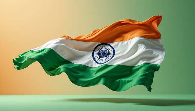 Dynamic depiction of the Indian flag against a gradated background scene