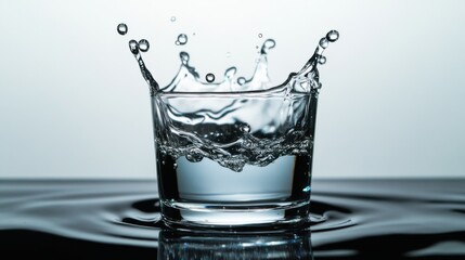 Water and glass in minimalist composition, splash rising up from clear impact
