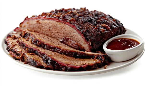 Sliced smoked brisket with BBQ sauce on white plate