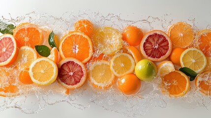 A refreshing fruit splash with oranges, splattering in a mix of citrus tones, set against a clean white background