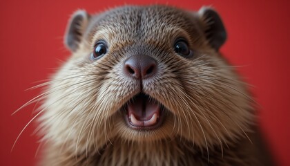 Cute baby beaver with a funny shocked face, wide eyes and open mouth against a red background.