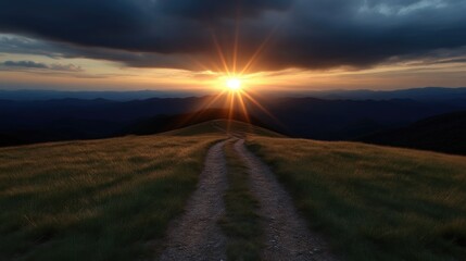 Naklejka premium Sunset path through mountain meadow