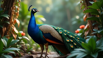 A peacock with iridescent feathers