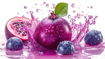 A sweet fruit splash with mangosteen, creating a rich purple splash, set against a white background