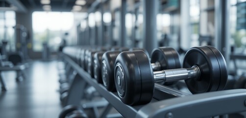 Fototapeta premium Precision Fitness: A Perfectly Aligned Array of Dumbbells in a Gym Setting