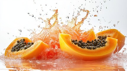 A burst of tropical flavors in a fruit splash with papayas, set against a clean white background