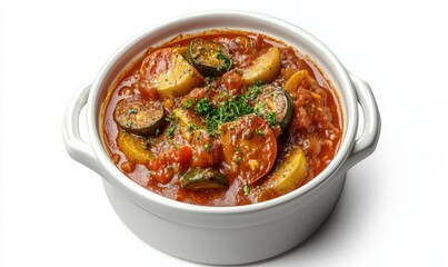 Fototapeta premium Summer vegetable stew in white bowl, studio shot, food photography, recipe illustration