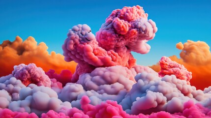 Whimsical dream world of clouds shaped like animals, soft pastel palette