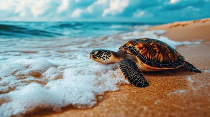 Wildlife on beach with sea turtle and waves in soft motion, serene and natural