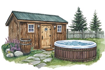Cozy Wooden Hut with Hot Tub Surrounded by Lush Greenery and Trees