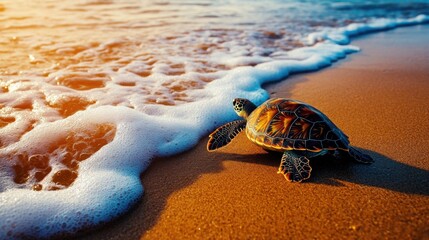 Wildlife on beach with sea turtle and waves in soft motion, serene and natural