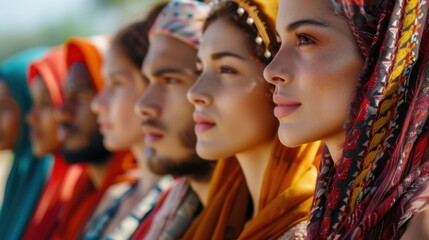 Fototapeta premium Diverse Group of People in Profile Wearing Colorful Headscarves - Unity and Togetherness