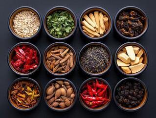 Exploring chinese herbal medicine assorted herbal ingredients in bowls natural light top-down perspective
