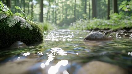 Fototapeta premium Serene forest stream with sunlight dancing on water, surrounded by lush greenery and moss-covered rocks.