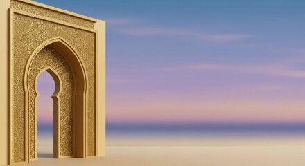 Fototapeta premium Ornate Islamic Archway at Sunset: A 3D Render of Architectural Design