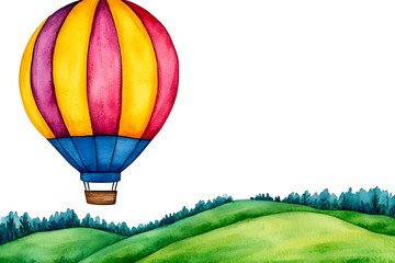 Obraz premium Colorful Hot Air Balloon Over Lush Green Hills in Watercolor Style