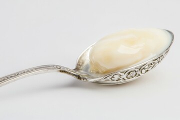 Creamy, pale yellow substance in an ornate silver spoon.