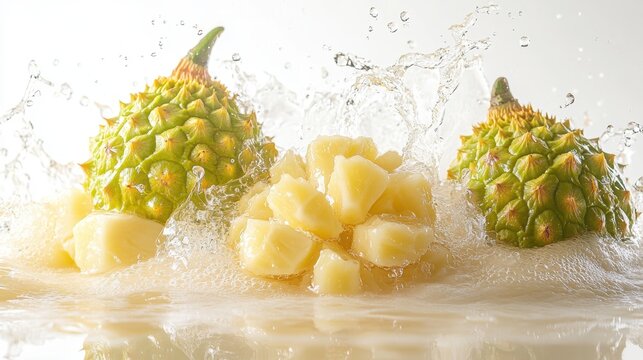 A tropical fruit splash with marang, splashing with yellow and green, set against a white background