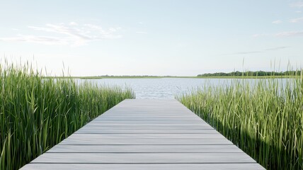 Fototapeta premium Serene lake view with wooden pier and lush grasses under clear sky, perfect for relaxation.